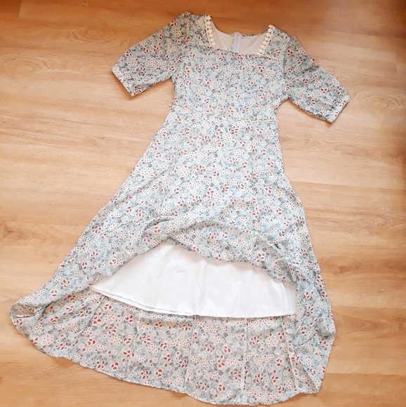 Vintage Blue Floral Print Liberty Dress Sz Small - Puff Sleeves Pearl Trim Dress - Picture 11 of 13